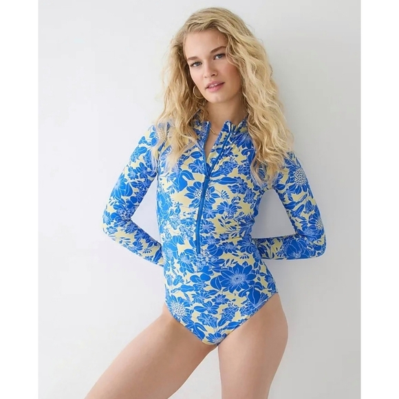 J. CrewLong-sleeve one-piece rash guard in blue floral Sail Blue Size 18